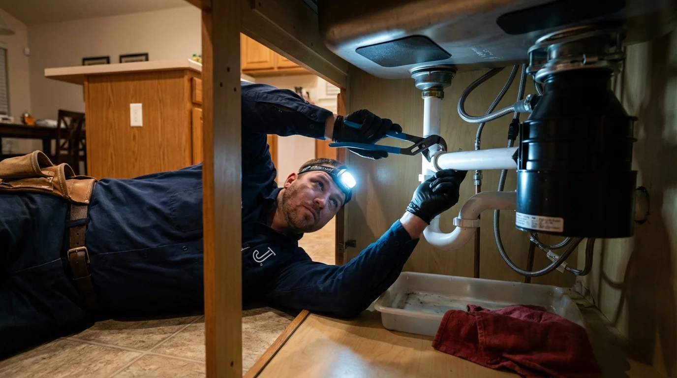 P-trap and supply line connections under a kitchen sink showing a common leak point in Springfield, MO